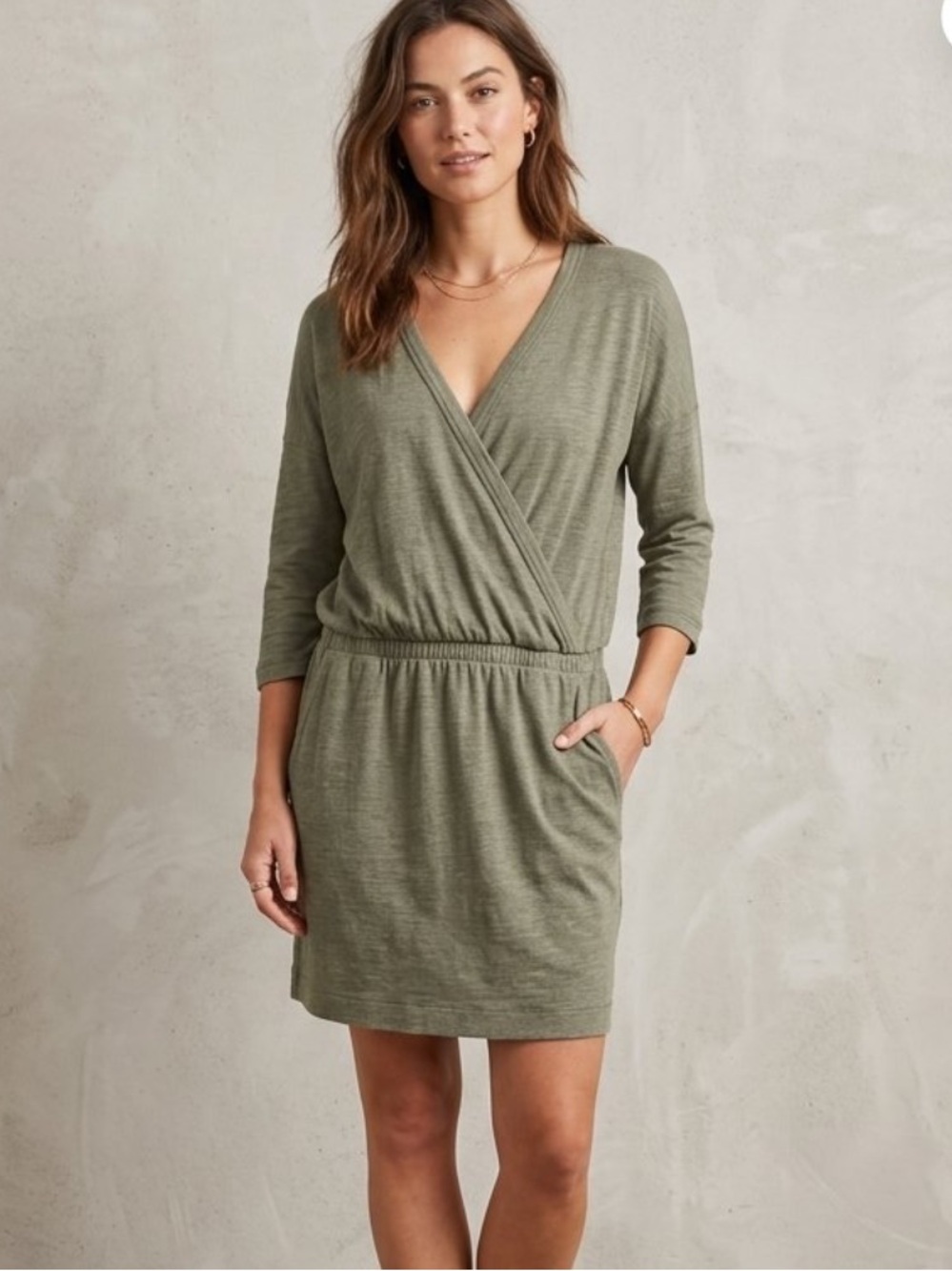 Lou & Grey Signature Soft 3/4 Sleeve Dress Heather Gray/Green Pockets Sz S